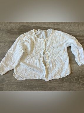 Zara White Button-Front Pintuck Blouse with Tiny Black Dots